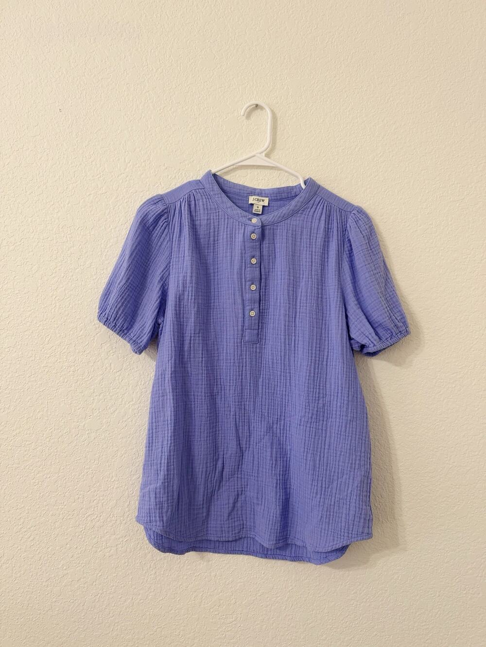 J.Crew 100% Cotton Gauze Puff Sleeve Henley Top Small Purple Lavender